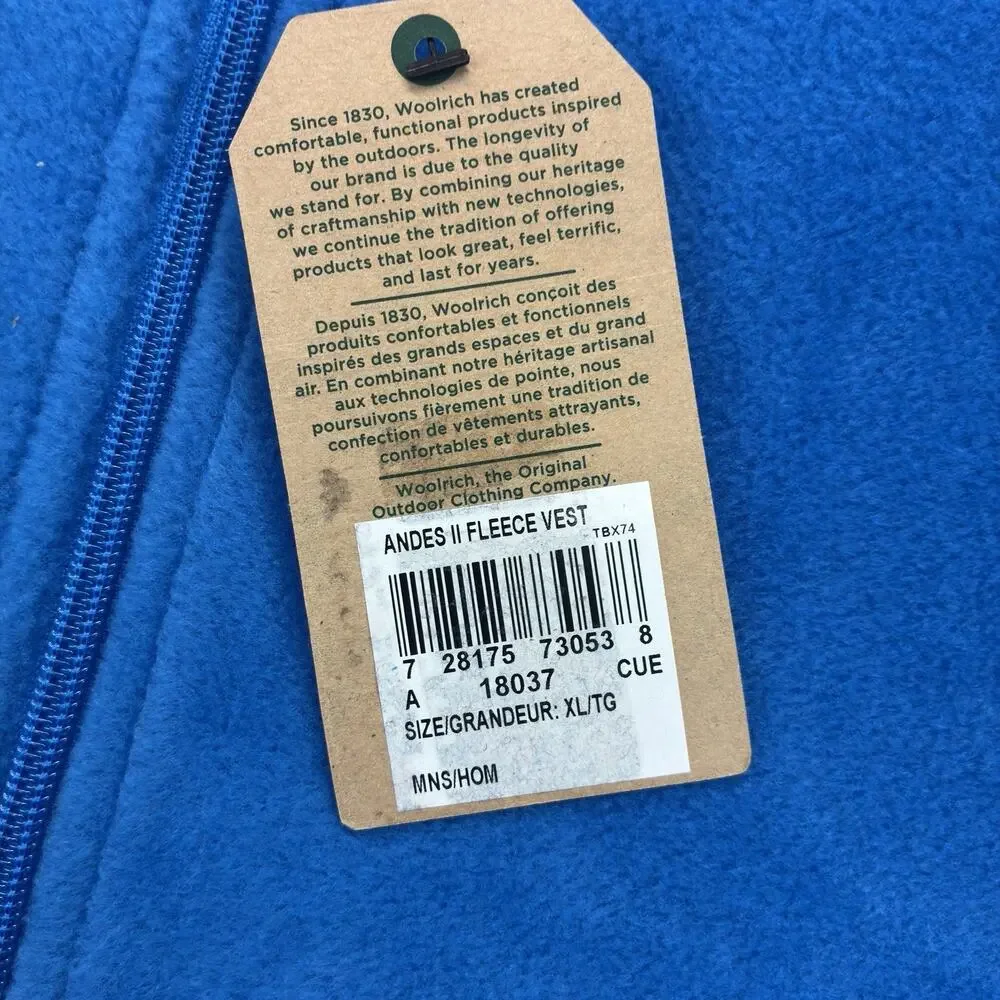 Woolrich Men’s XL Fleece Vest Blue Full Zip Outdoor NWT